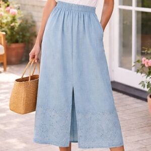 Vintage Kathie Lee Cottagecore|Boho Blue Linen Embroidered Midi Skirt XL